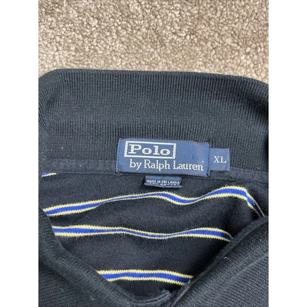 VTG 90s Y2K Polo Ralph Lauren Mens‎ XL Polo Shirt Black Yellow Striped Short Slv